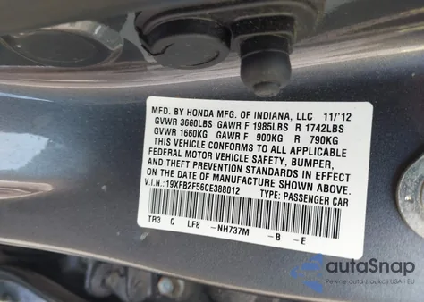 2012 Honda Civic Lx from USA, damaged, VIN 19XFB2F56CE388012